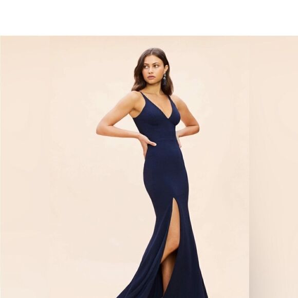 DRESS THE POPULATION Iris V-Neck Side Slit Gown size XL midnight blue - Picture 7 of 11